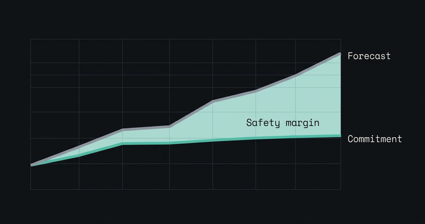 Line chart comparing an AWS spend forecast against a lower EDP commitment, with the gap between them shaded as the safety margin.